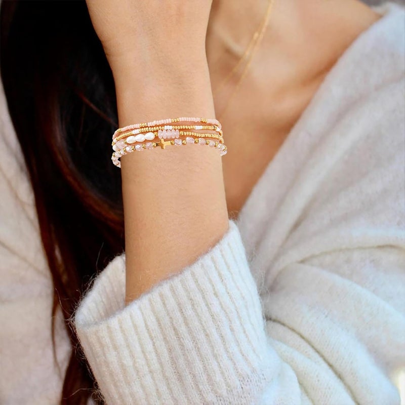 Pymach Store Dainty Gold Plated Pearl Crystal Beaded Bracelets Set for Women 14K Gold Plated Bead Pearl Beads Bracelet Stackable Paperclip Link Chain Bracelets Gold Plated Bracelets for Women Trendy Jewelry - Image 5